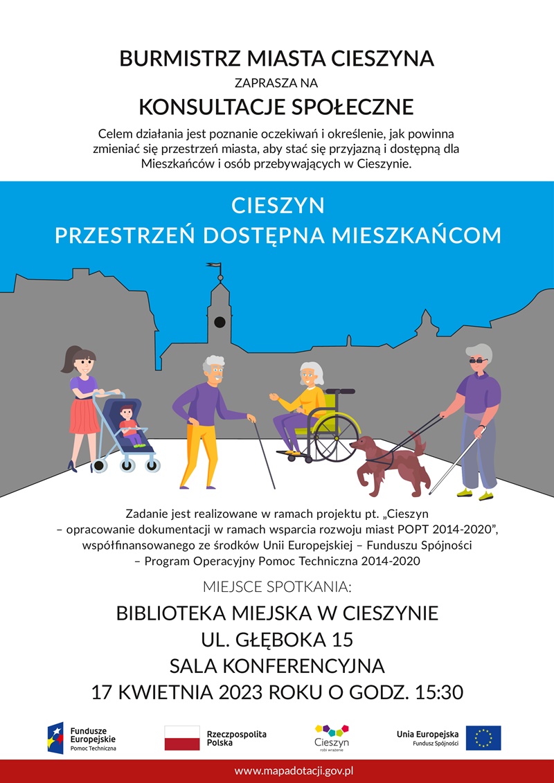 Plakat dotyczący konsultacji społecznych.  Cieszyn przestrzeń dostępna Mieszkańcom fot. mat.pras